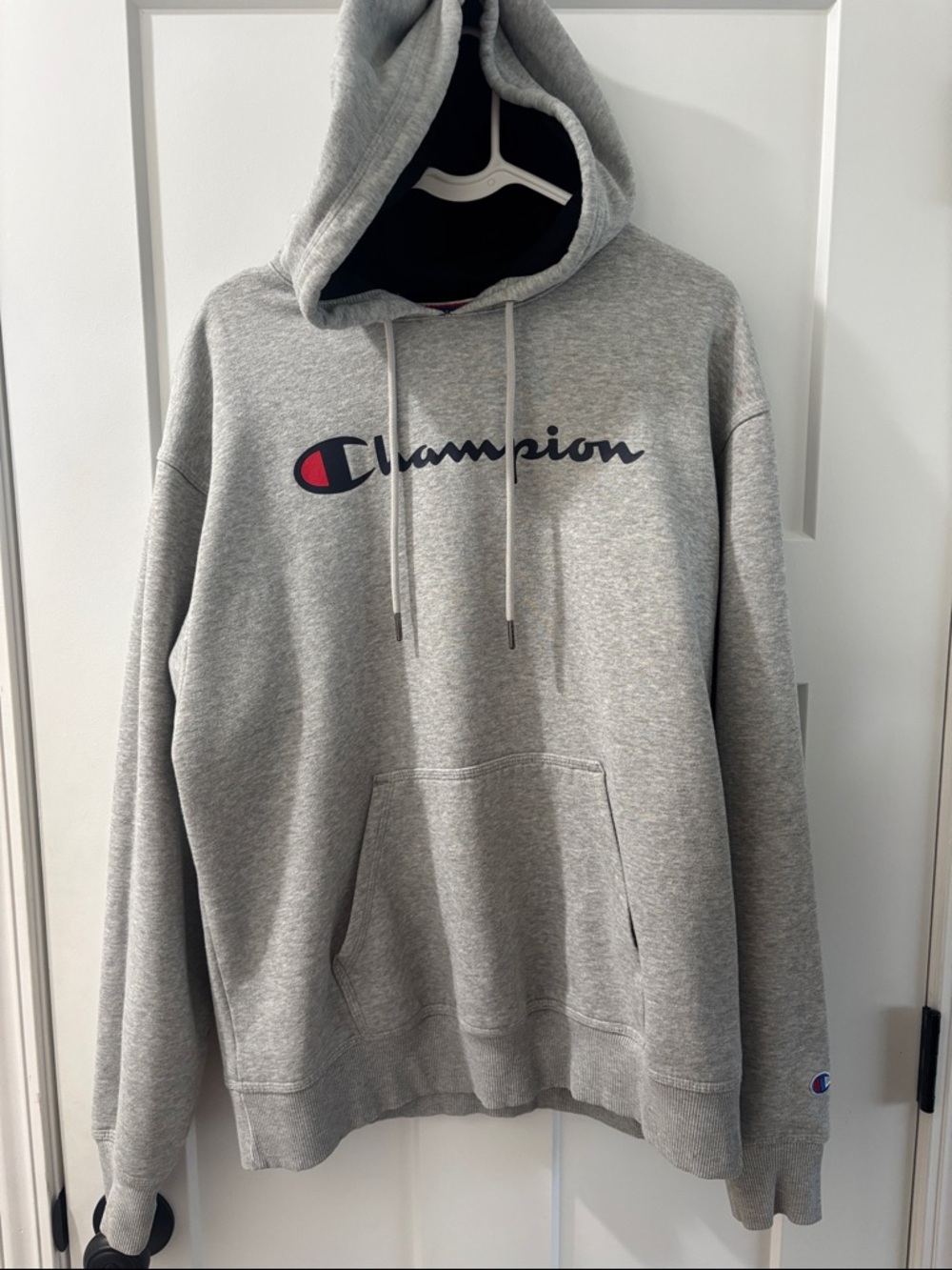 Champion Gray Crewneck Hoodie with Navy & Red Logo